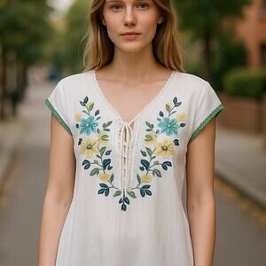 NICK & MO Bohemian White Cotton Embroidered Boho Summer Dress ~ Women's LARGE